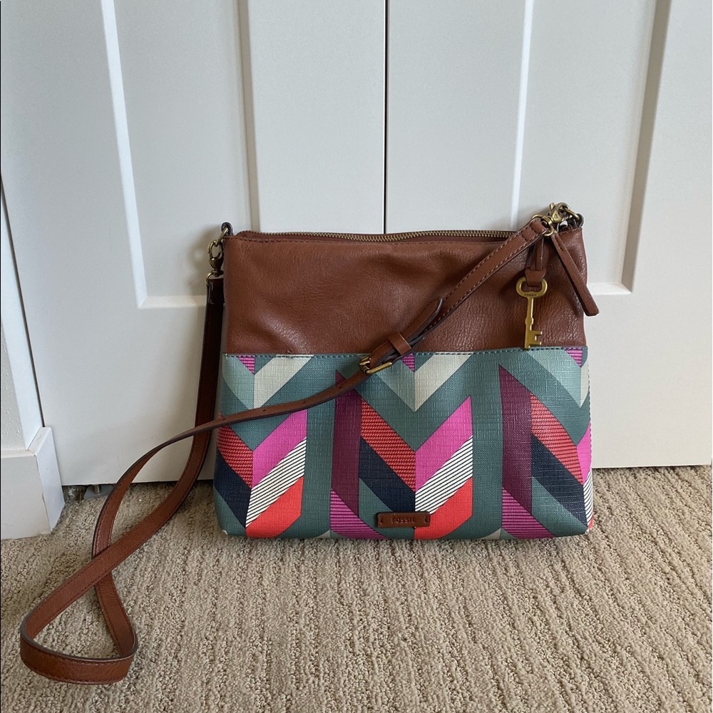 Fossil Leather Geometric Patterned Crossbody